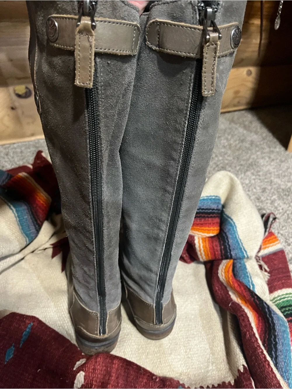 Sam Edelman Pembrooke Gray and Brown Two-Tone Suede & Leather Riding Boots